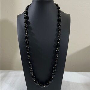 Monet Vintage Black Oval Graduated Bead Necklace with Gold Tone Spacers